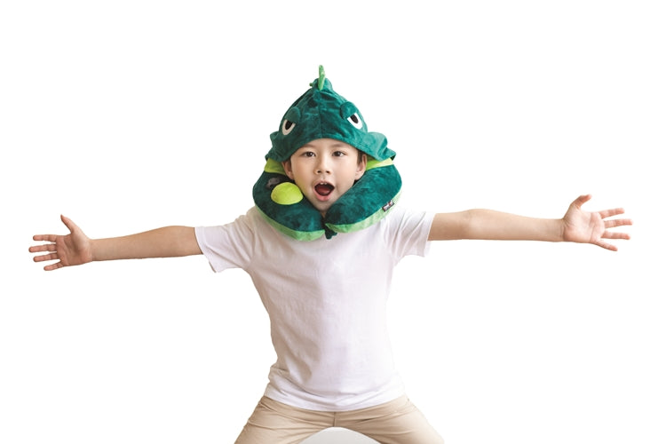 3D Inflatable Neck Pillow with Patented Pump and Hood - Dinosaur