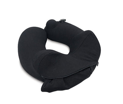 3D Inflatable Neck Pillow with Patented Pump and Hood - Black