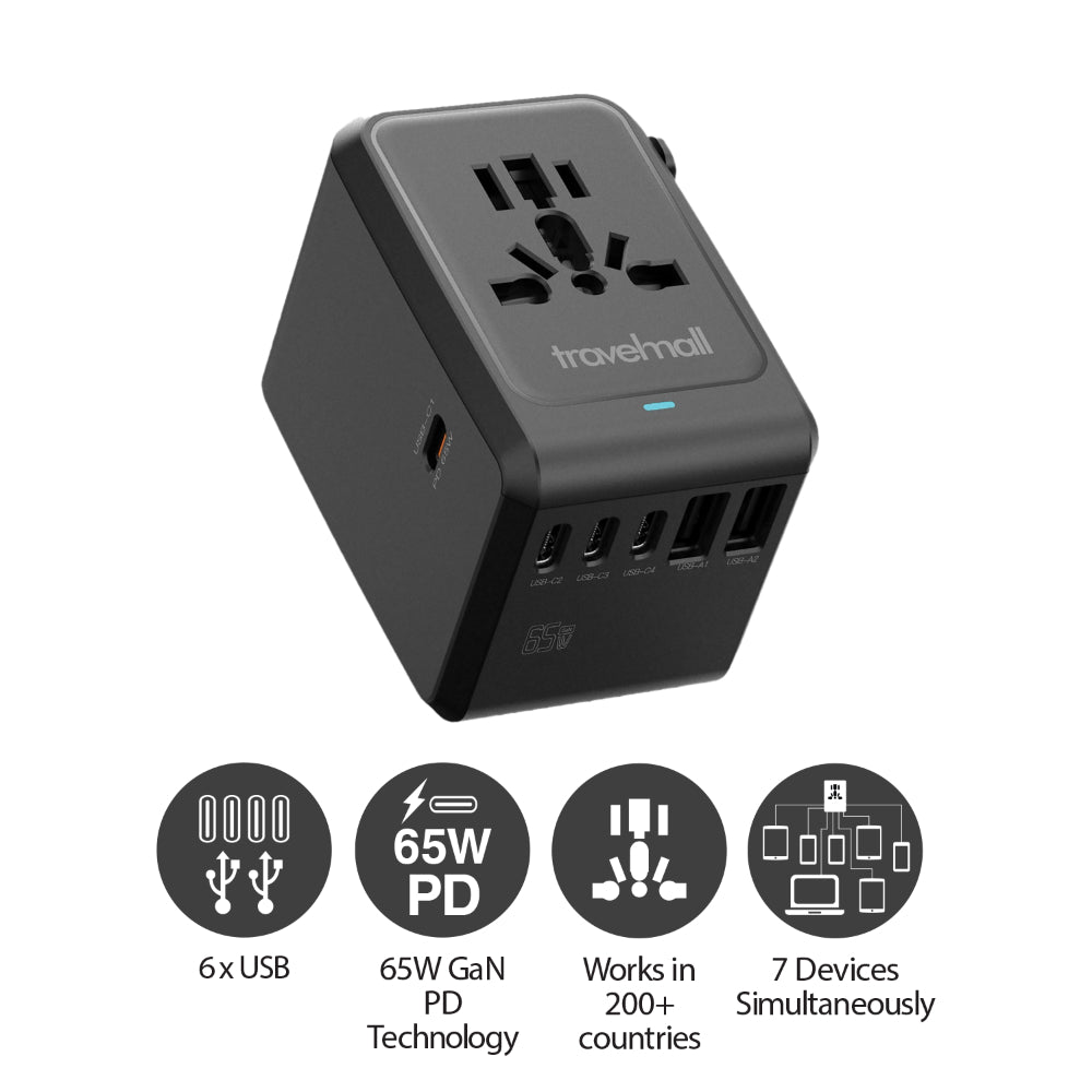 GaN 65W PD High Performance Worldwide Travel Adaptor - Black