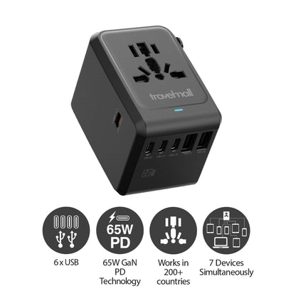 GaN 65W PD High Performance Worldwide Travel Adaptor - Black