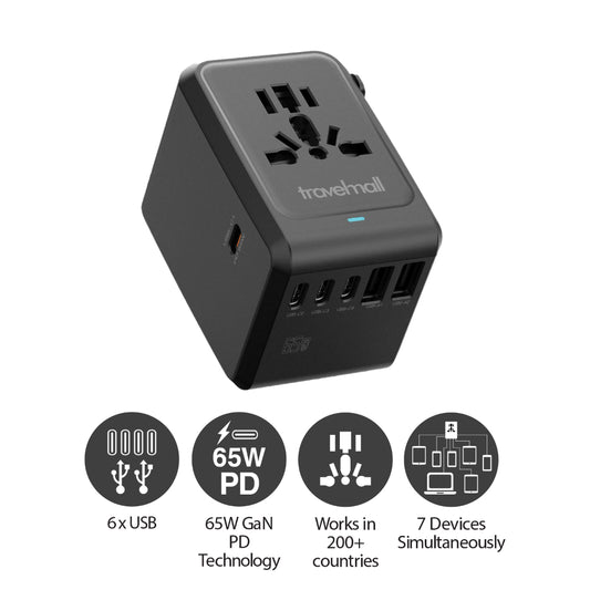 GaN 65W PD High Performance Worldwide Travel Adaptor - Black