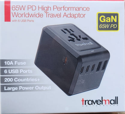 GaN 65W PD High Performance Worldwide Travel Adaptor - Black