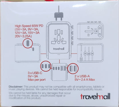 GaN 65W PD High Performance Worldwide Travel Adaptor - Black