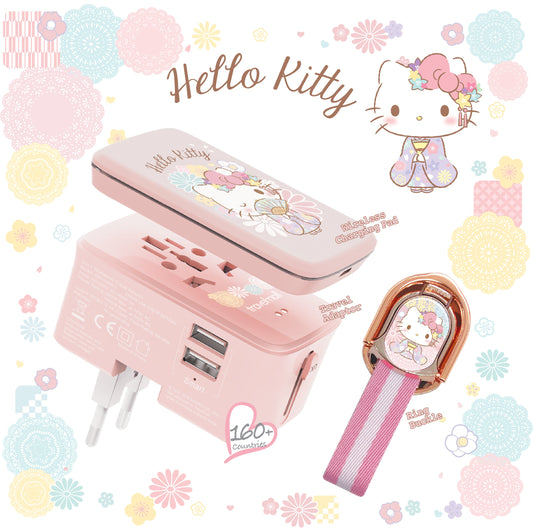 Hello Kitty 2-in-1 Worldwide Travel Adaptor (10W Wireless Charging Pad, Dual-USB Charger and Ring Buckle Set)