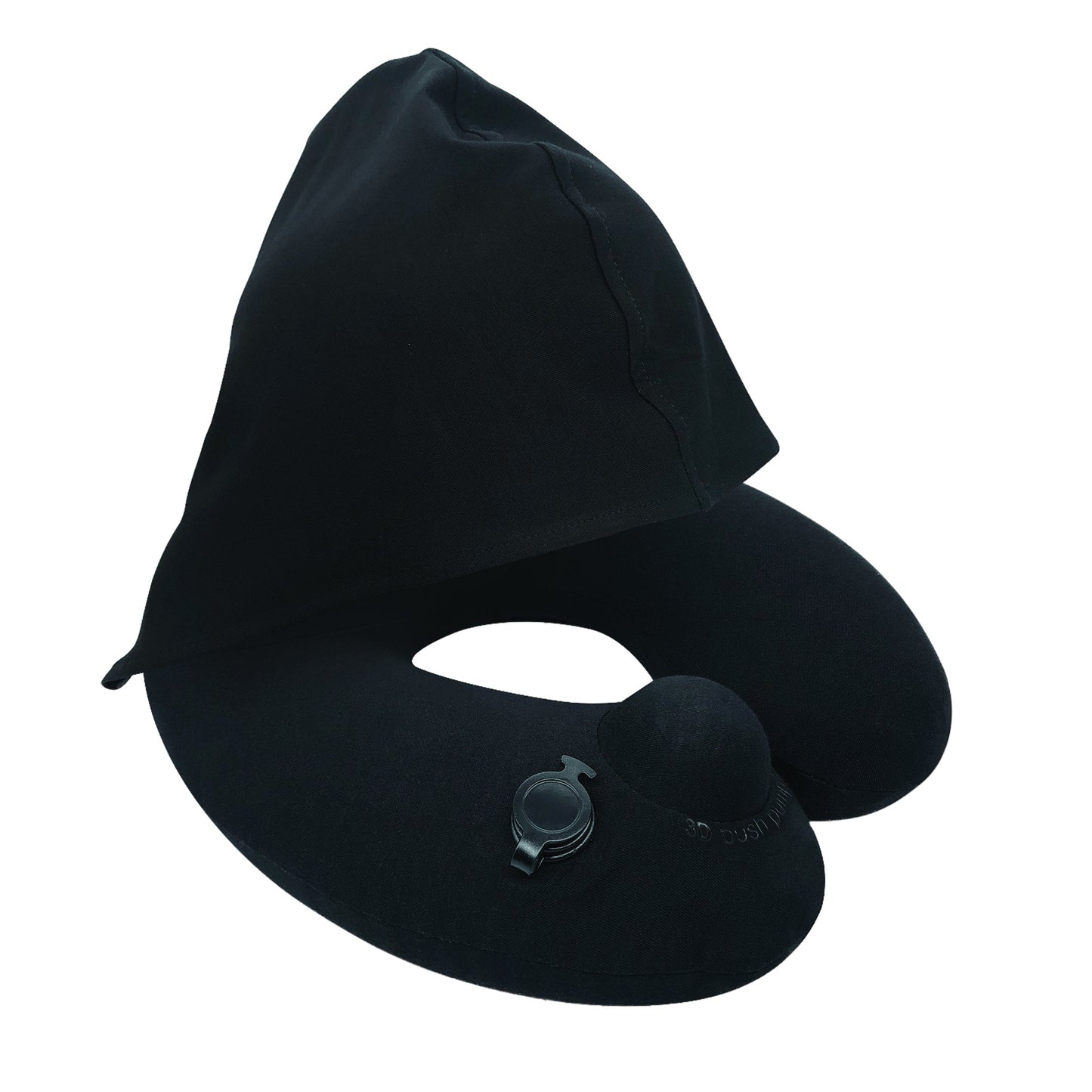 3D Inflatable Neck Pillow with Patented Pump and Hood - Black
