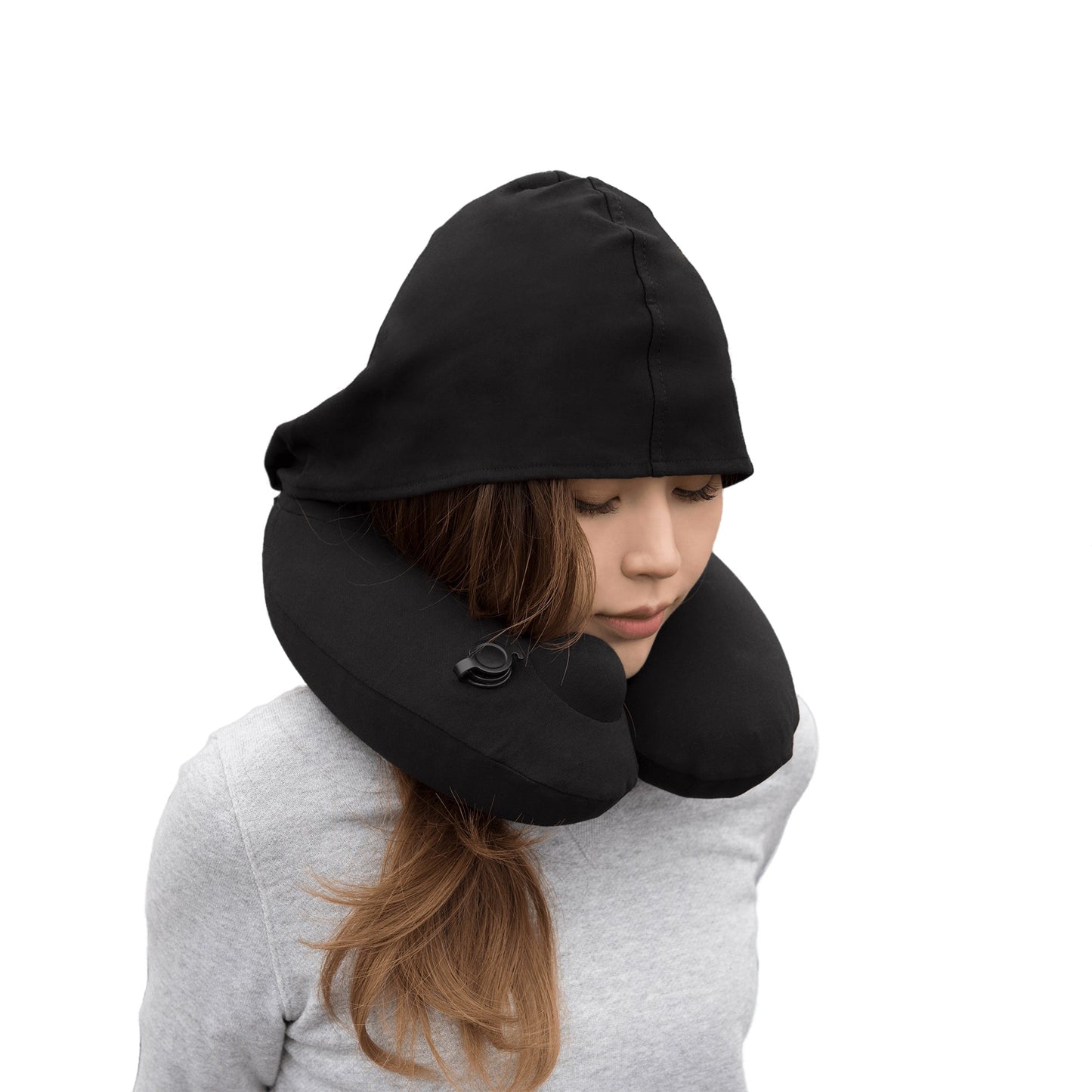 3D Inflatable Neck Pillow with Patented Pump and Hood - Black