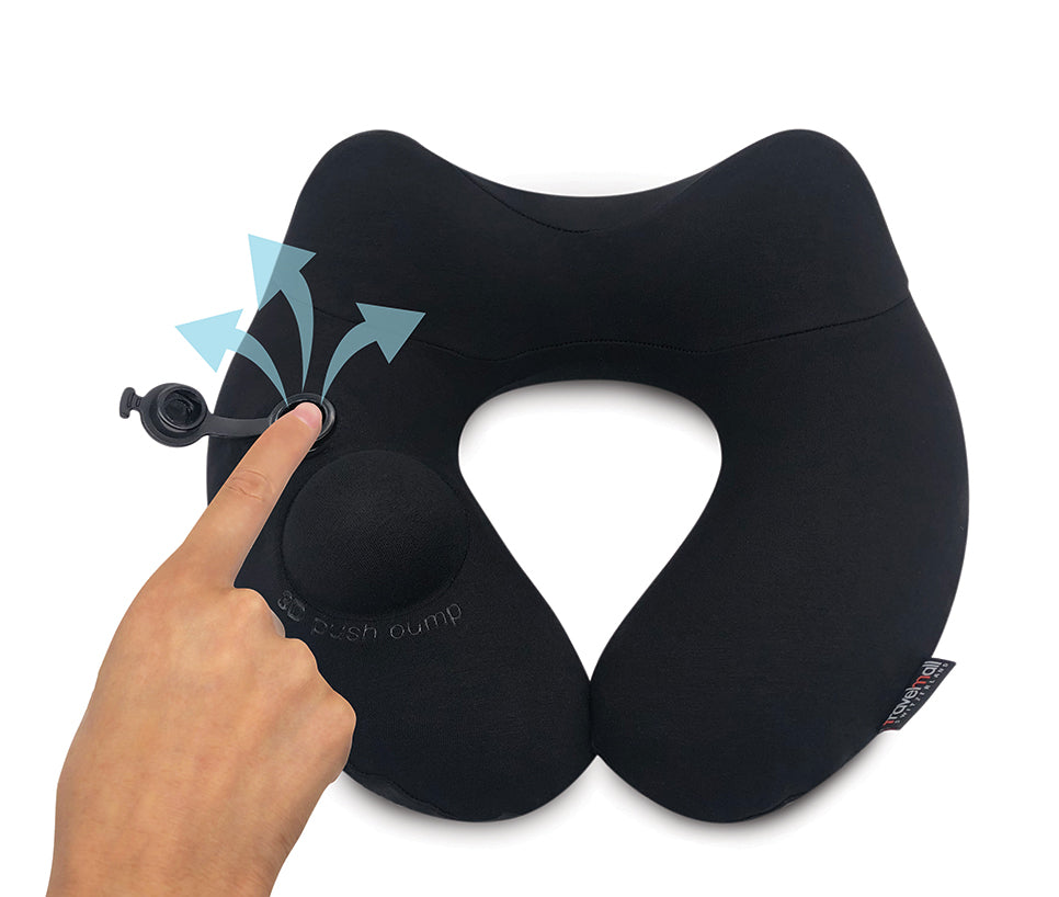 3D Inflatable Neck Pillow with Patented Pump and Hood - Black
