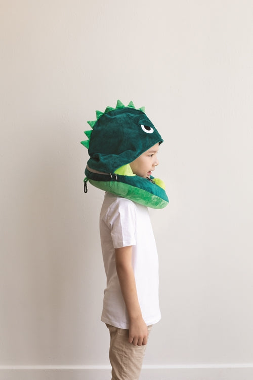 3D Inflatable Neck Pillow with Patented Pump and Hood - Dinosaur