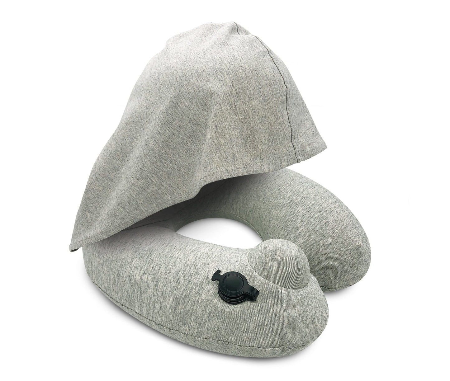 3D Inflatable Neck Pillow with Patented Pump and Hood - Light Grey