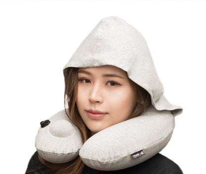 3D Inflatable Neck Pillow with Patented Pump and Hood - Light Grey