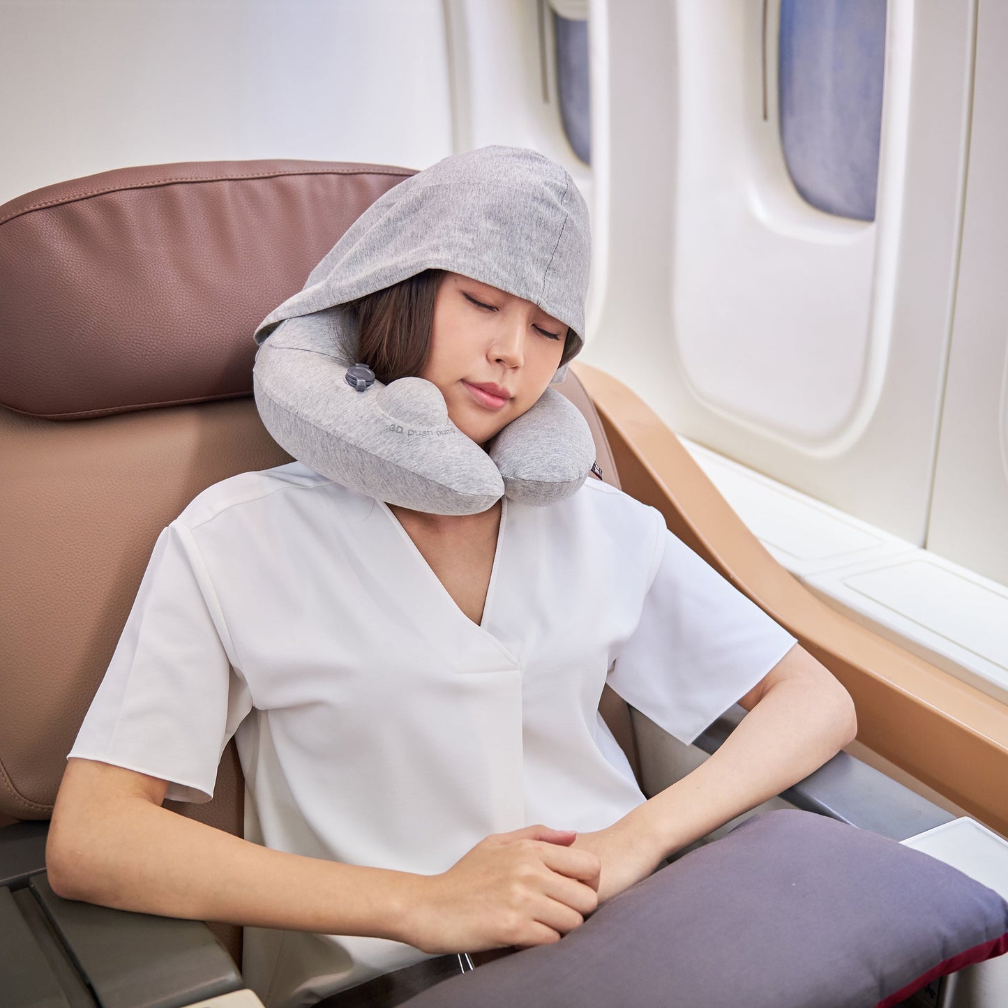 3D Inflatable Neck Pillow with Patented Pump and Hood - Light Grey
