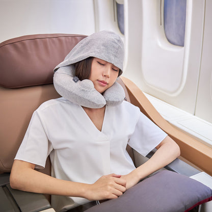 3D Inflatable Neck Pillow with Patented Pump and Hood - Light Grey