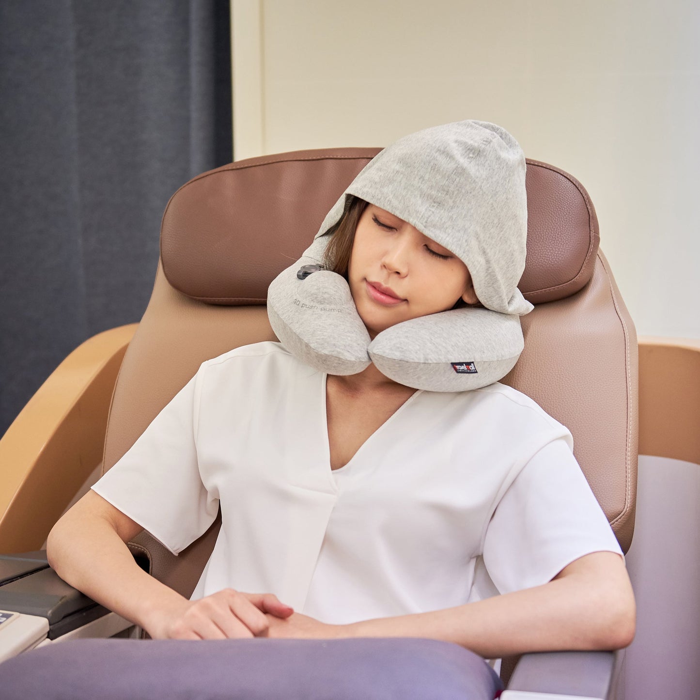 3D Inflatable Neck Pillow with Patented Pump and Hood - Light Grey