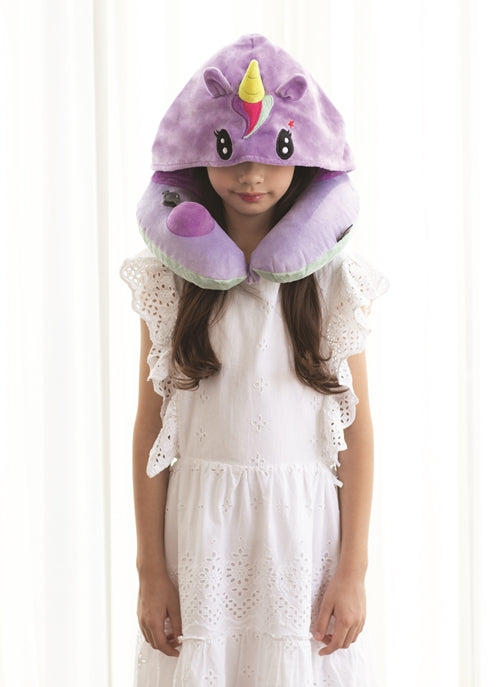 3D Inflatable Neck Pillow with Patented Pump and Hood - Unicorn