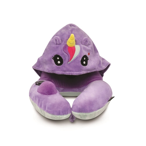 3D Inflatable Neck Pillow with Patented Pump and Hood - Unicorn