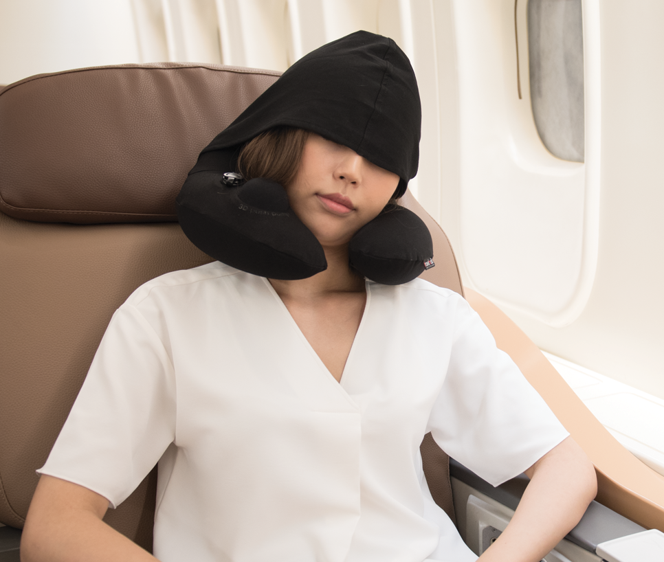 3D Inflatable Neck Pillow with Patented Pump and Hood - Black