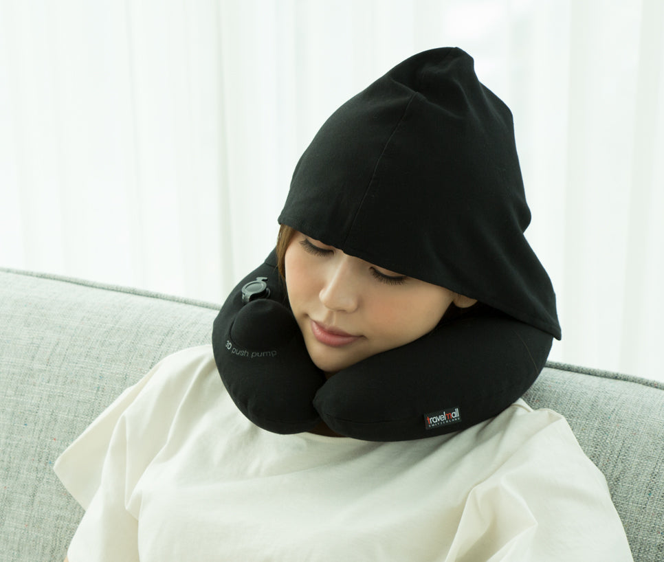 3D Inflatable Neck Pillow with Patented Pump and Hood - Black