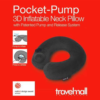 Pocket-Pump Inflatable Neck Pillow With Patented 3D Pump - Black