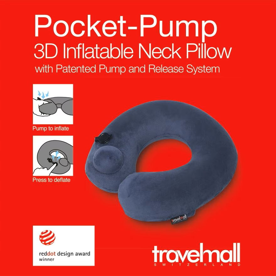 Pocket-Pump Inflatable Neck Pillow With Patented 3D Pump - Blue